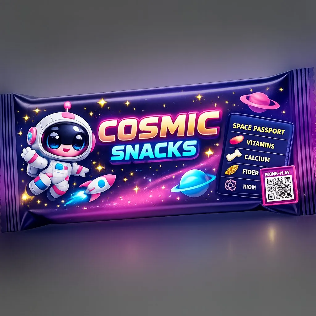 Projekt opakowania Cosmic Snacks — baton kosmiczny